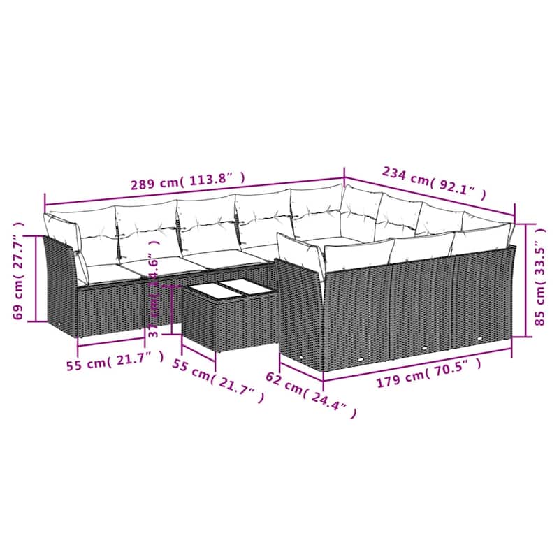 vidaXL 10/11 Piece Patio Sofa Set with Cushions Brown/Gray Poly Rattan - 21.7 x 24.4 x 27.2