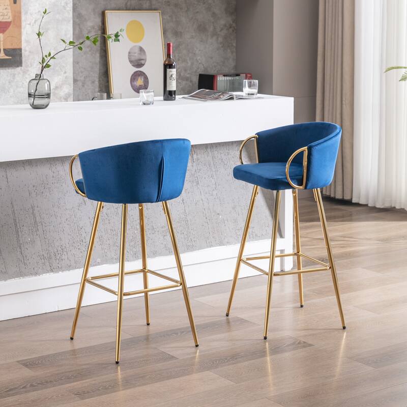 30 Inch Set of 2 Bar Stools,with Chrome Footrest and Base Velvet + Golden Leg Simple Bar Stool