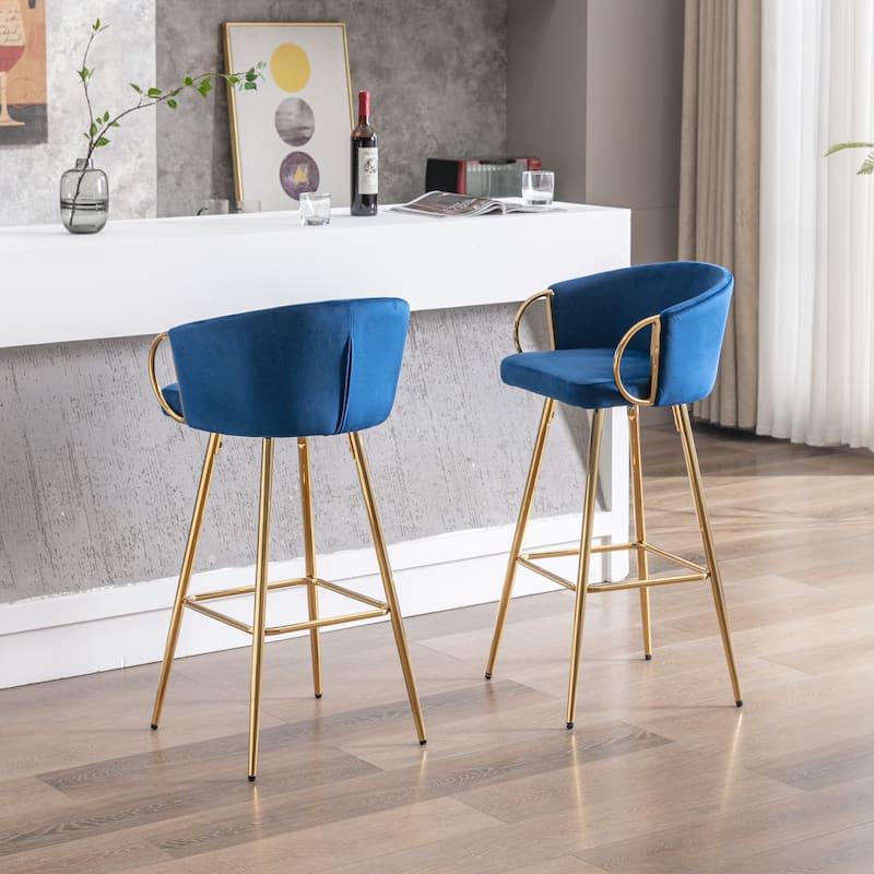 Set of 2 Bar Stools,with Chrome Footrest and Base Velvet + Golden Leg