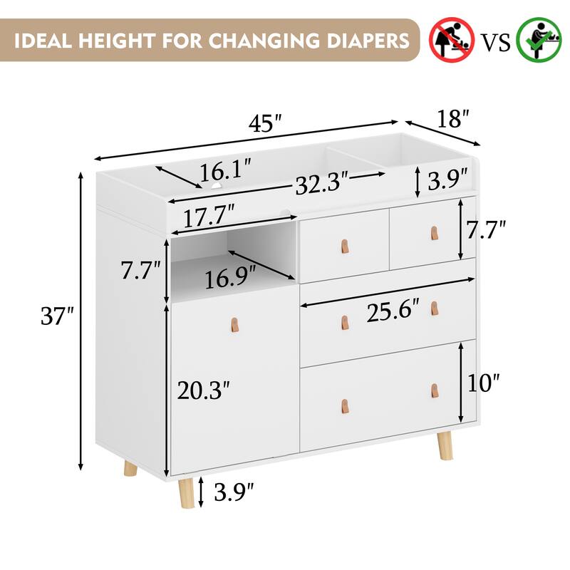 White Nursery Storage Dresser Chest with Changing Table Top,5 Drawers