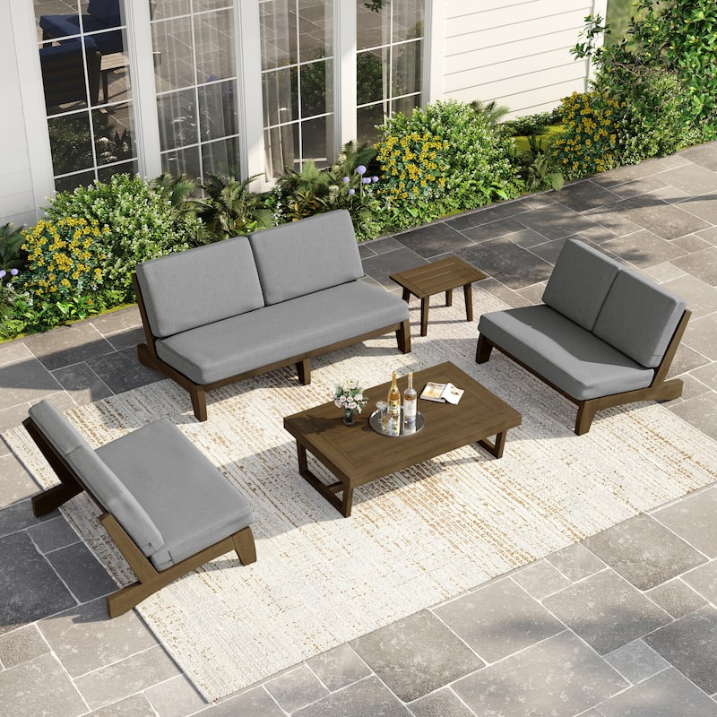 Casual Teak Outdoor Patio Conversation Set with Cushioned Sofa Loveaseat - Natural Wood - Grey-5 Piece