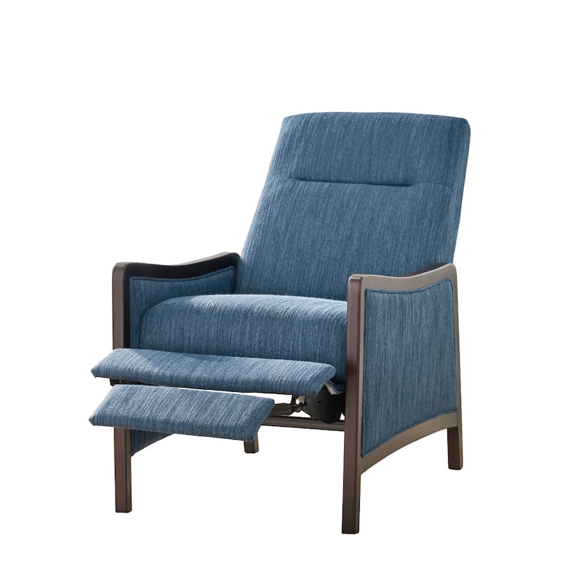 Reina Push Back Recliner Chair, Brown Birch Wood, Navy Blue Fabric