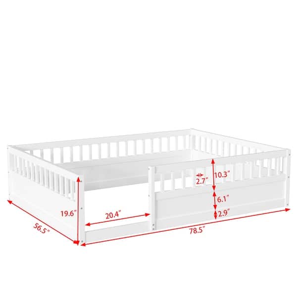 dimension image slide 1 of 3, Full Floor Bed Frame with Fence,Wood Kids Floor Beds Frame for Bedroom