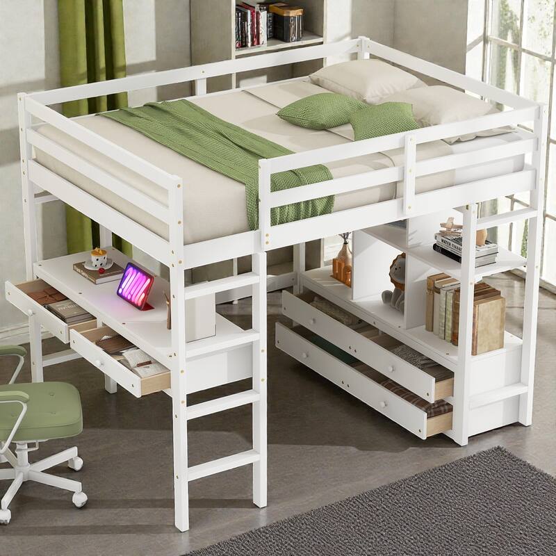 Full Size Loft Bed with Built-in Desk, Storage Drawers, Shelves and Cabinets, Space-Saving Workstation Bed Frame - White - Full
