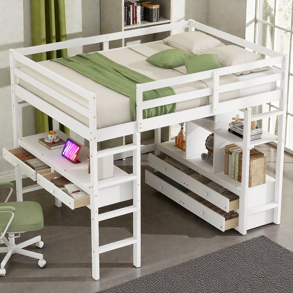Full Size Loft Bed with Built-in Desk, Storage Drawers, Shelves and Cabinets, Space-Saving Workstation Bed Frame