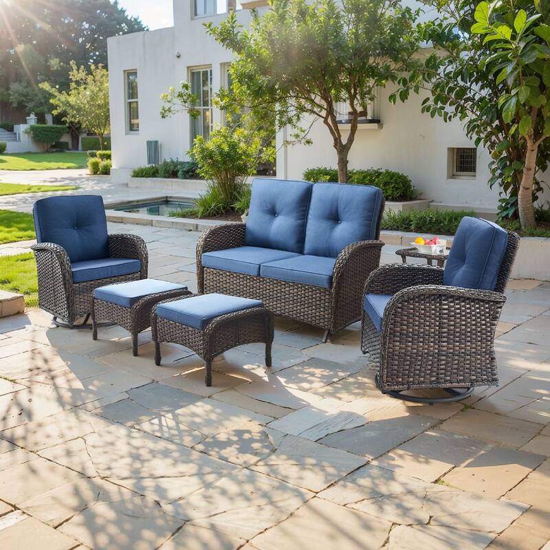 Pocassy 6 Pieces Glider Sofa with Swivel Chairs Ottomans Table - Brown Wicker - Blue cushion