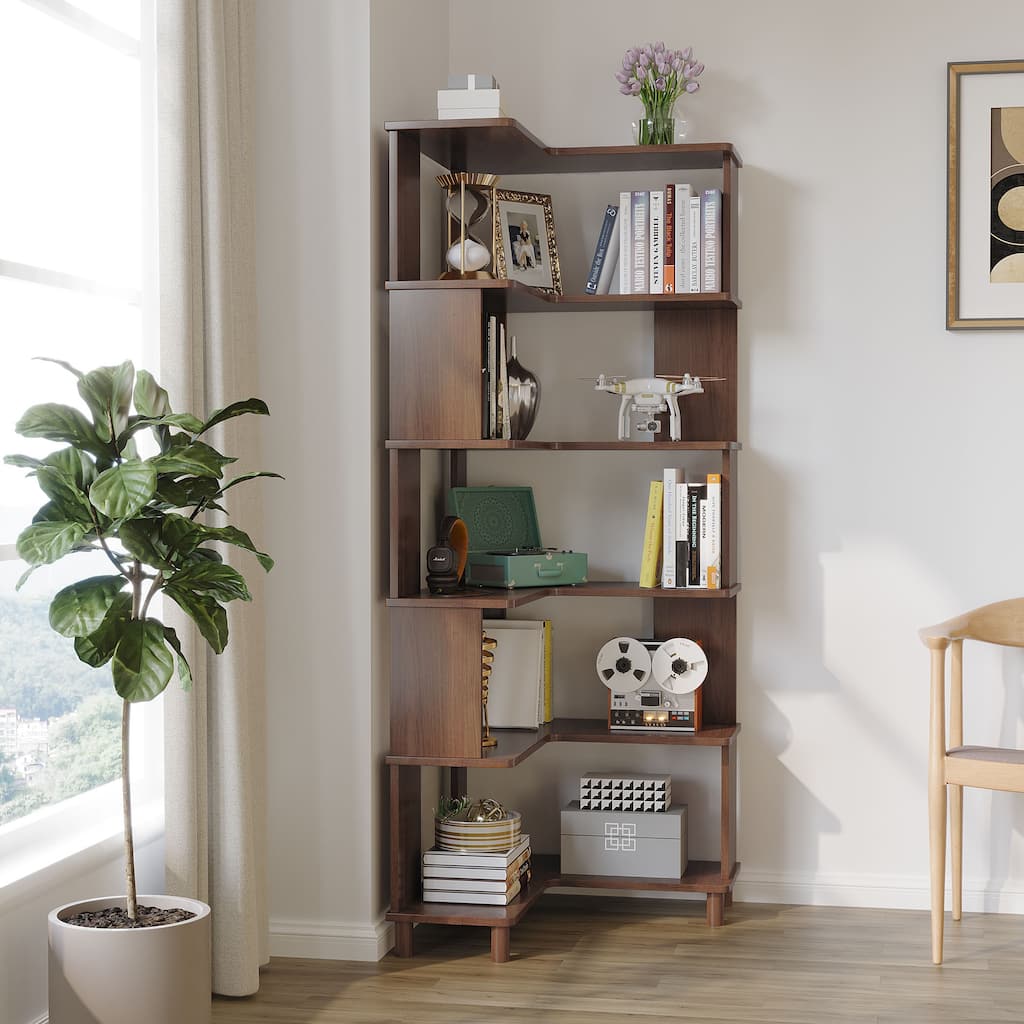 Tall Corner Bookshelf, 6-Tier Oak Storage Rack for Small Space
