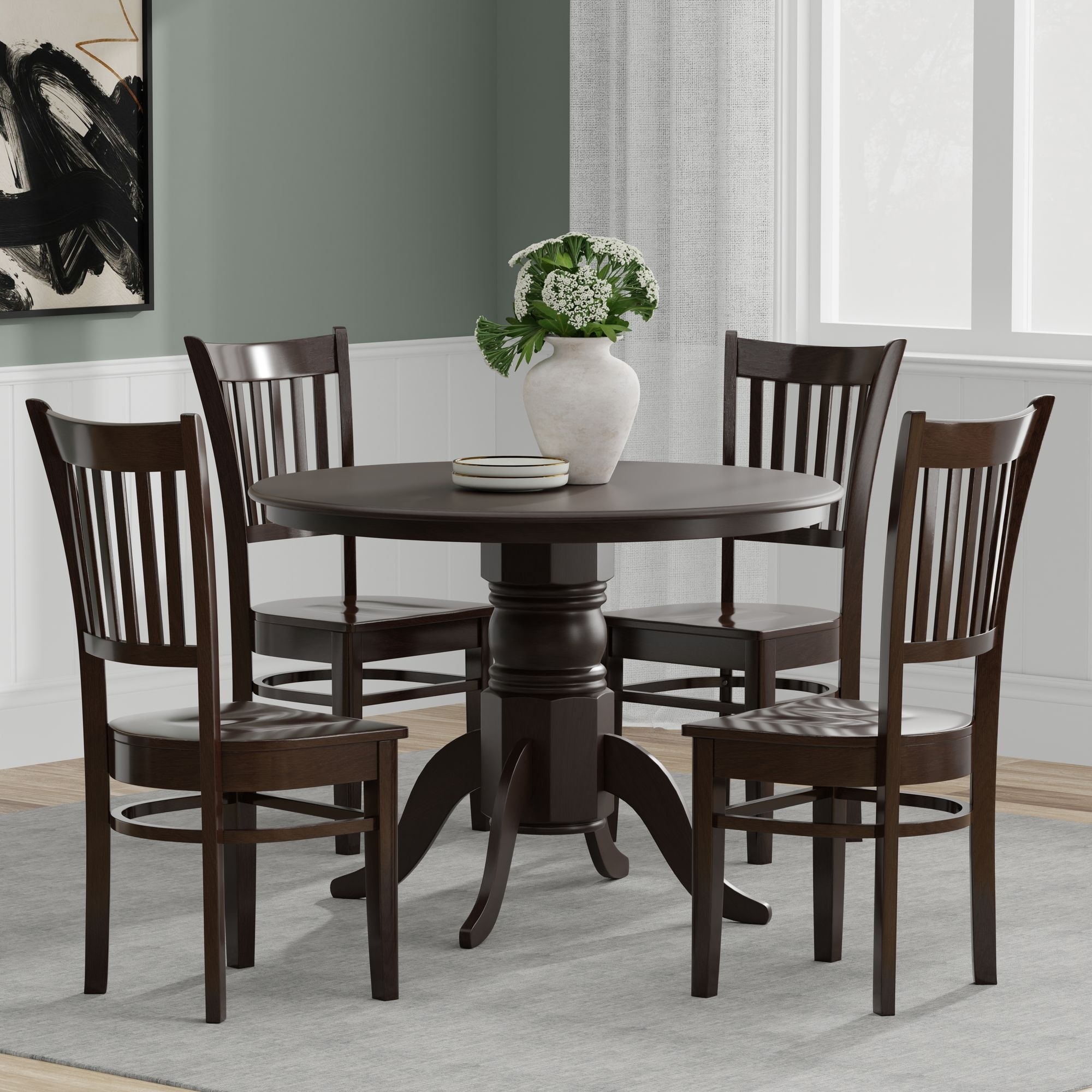 5-Piece Dining Set, 42" Round Pedestal Table and Spindle Chairs