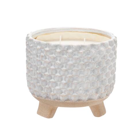8 Inch Textured Ceramic Scented Pot Candle with Legs, White and Beige