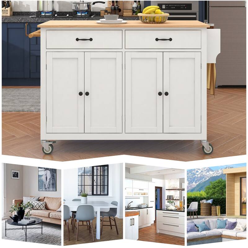 Rolling Kitchen Island Cart with Solid Wood Top and Locking Wheels, Mobile Kitchen Storage Islands for Dining Room