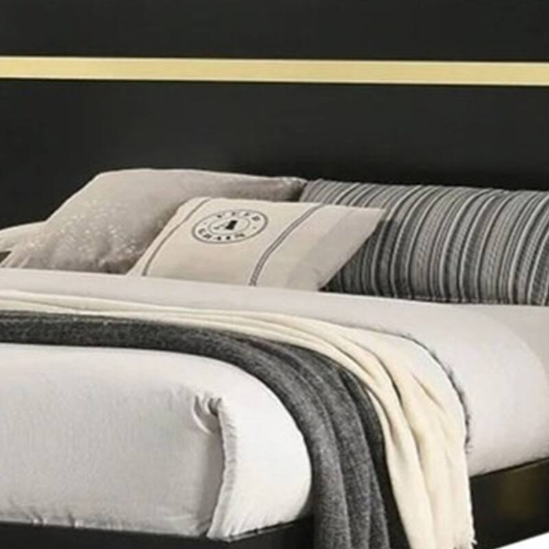 Yoki Queen Size Bed w Underbed LED, Acrylic Gold Trim, Black Frame