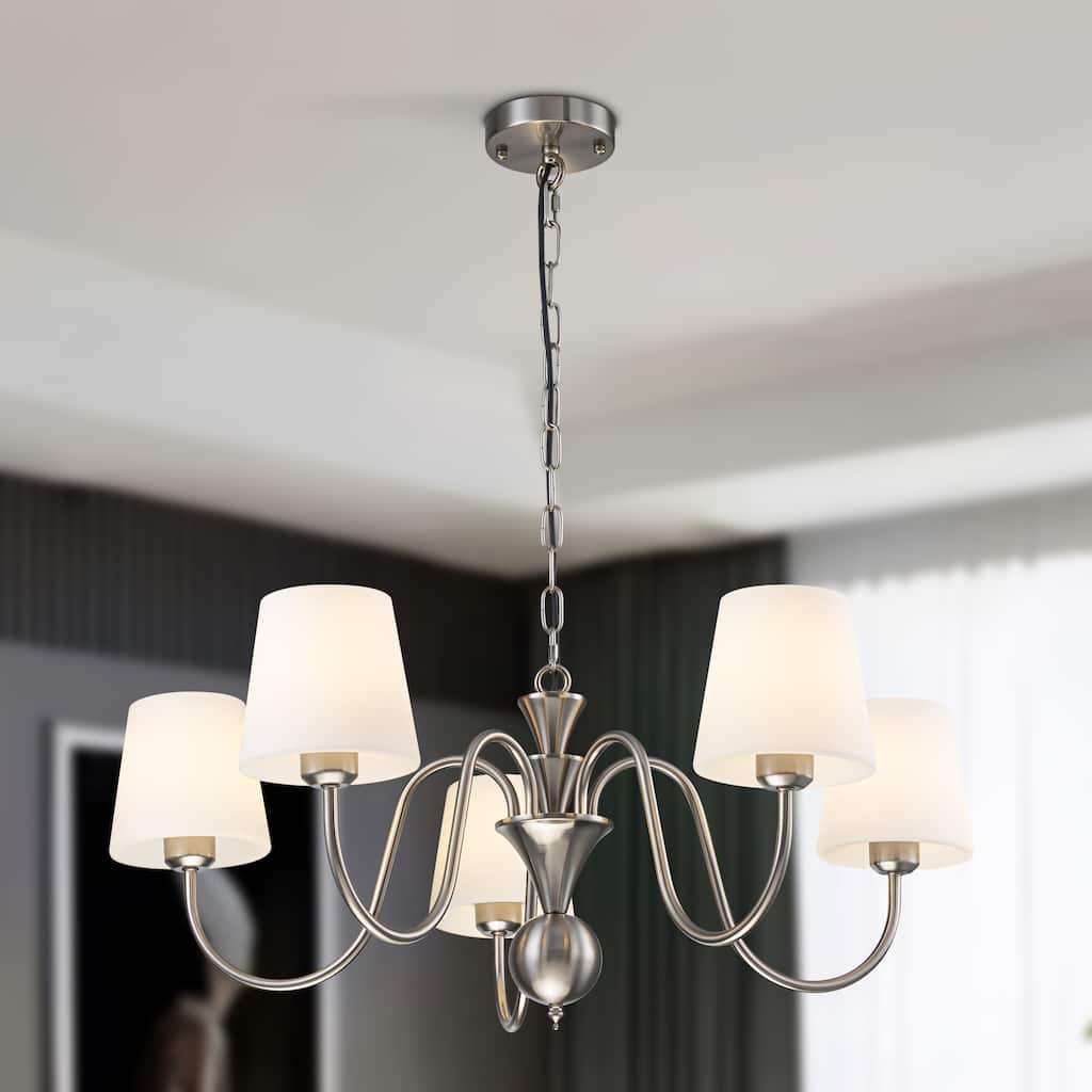 Starsky 5-Light Brushed Nickel with White Glass Shade Chandelier