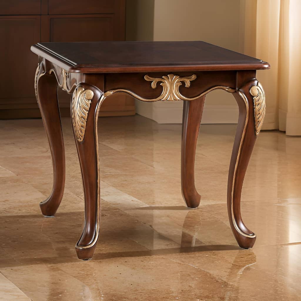 Saili Side End Table, Gold Carvings, 29 Inch, Cabriole, Tobacco Brown Wood