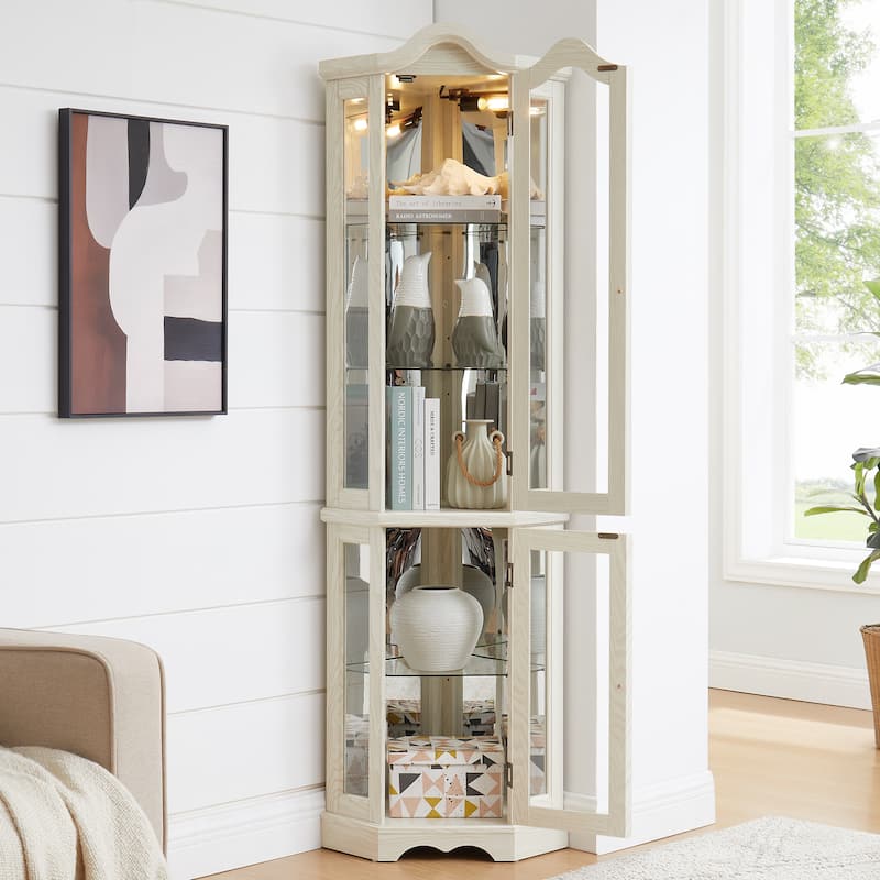 Lighted Corner Curio Cabinet, Freestanding Glass Display Cabinet, Wooden China Cabinet with Tempered Glass Doors & Shelves