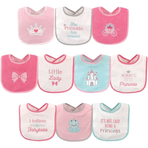 slide 1 of 1, Luvable Friends Baby Girl Cotton Terry Drooler Bibs with PEVA Back 10pk, Princess, One Size - One Size Princess