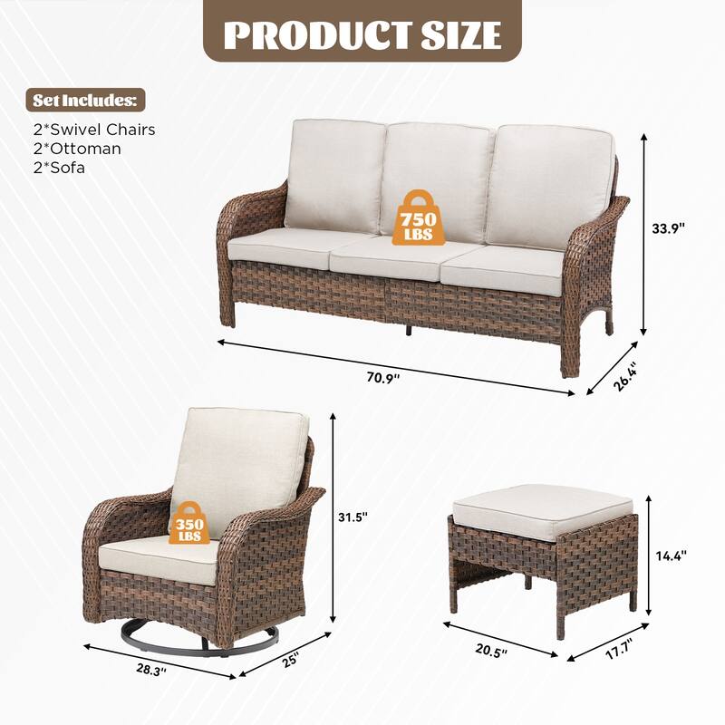 Cavira 6-Piece Outdoor Patio Brown Wicker Sofa Set with Olefin Cushions
