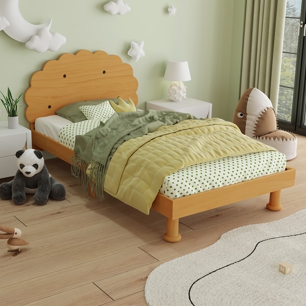 slide 2 of 15, Full Size Cookie-Shaped Kids Bed with LED Light & Upholstered Curved Headboard, Walnut Walnut