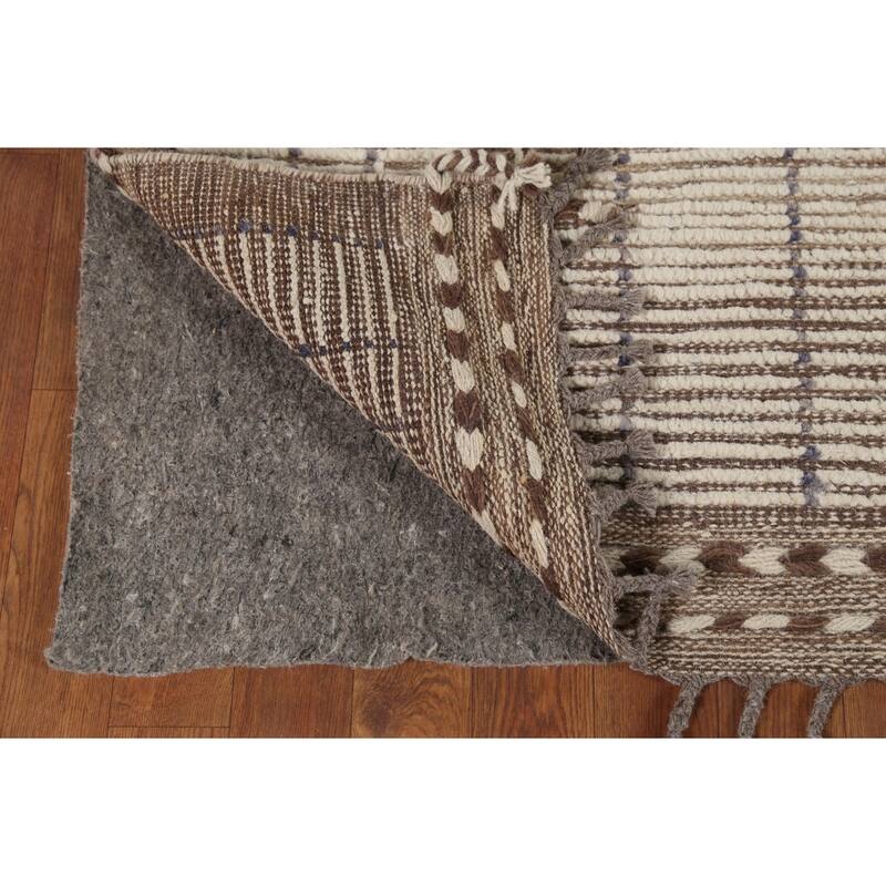 Beige Moroccan Striped Rug Hand-Knotted Wool Carpet - 5'8"x 9'11"