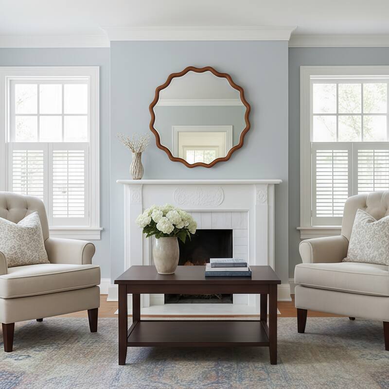 30 inch Wavy Round Solid Wood Frame Decorative Mirror,For Bedroom, Bathroom, Living Room, Entryway