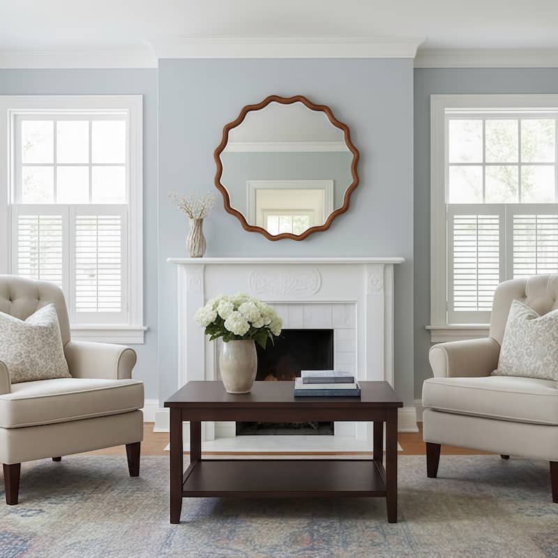 Wavy Round Solid Wood Frame Decorative Mirror - Antique Brown