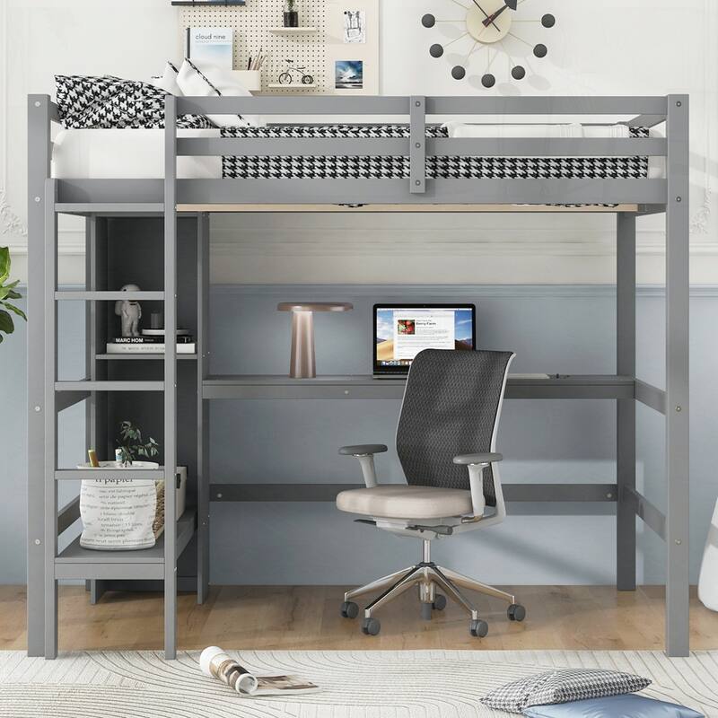 Loft Bed with Multifunction Shelves and Under-bed Desk