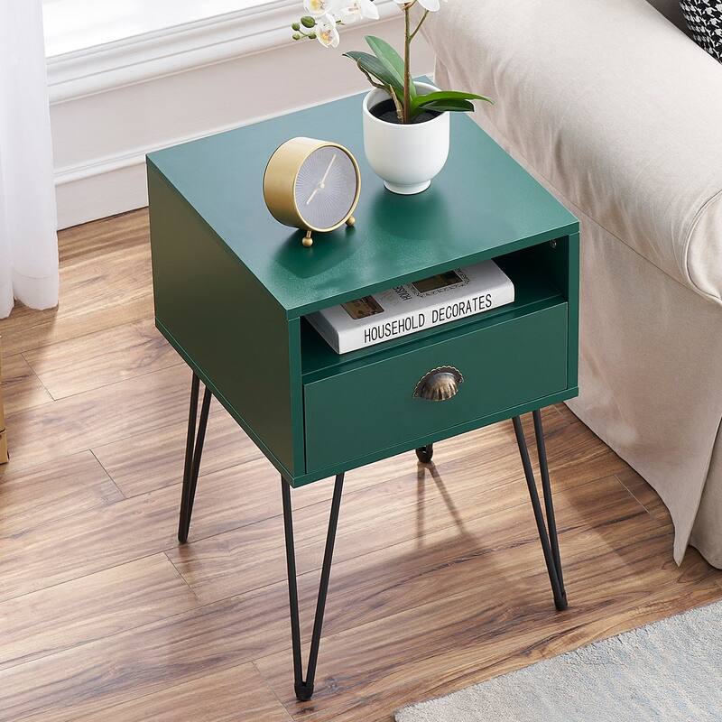 VECELO Mid Century Modern Nightstand with Drawer Open Shelf V-Shaped Metal Legs End Table for Bedroom Living Room