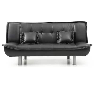 Faux Leather Tufted Straight Armless Sofa with Pillows - 74" - Black