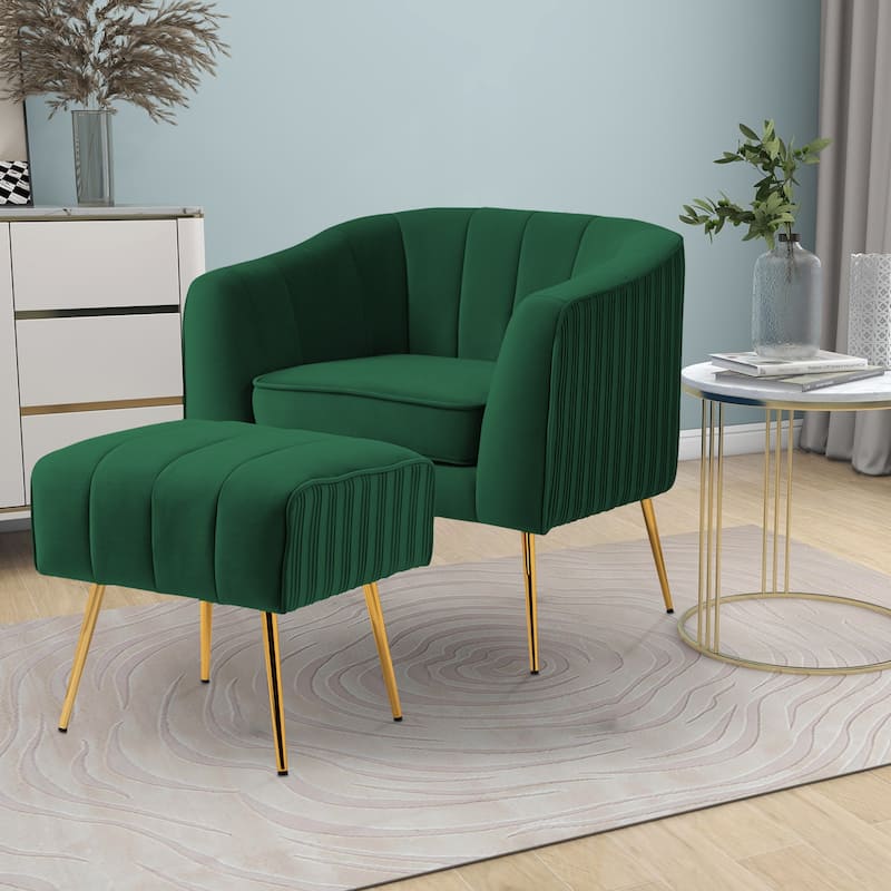 Modern Velvet Barrel Arm Accent Chair with Ottoman - Green