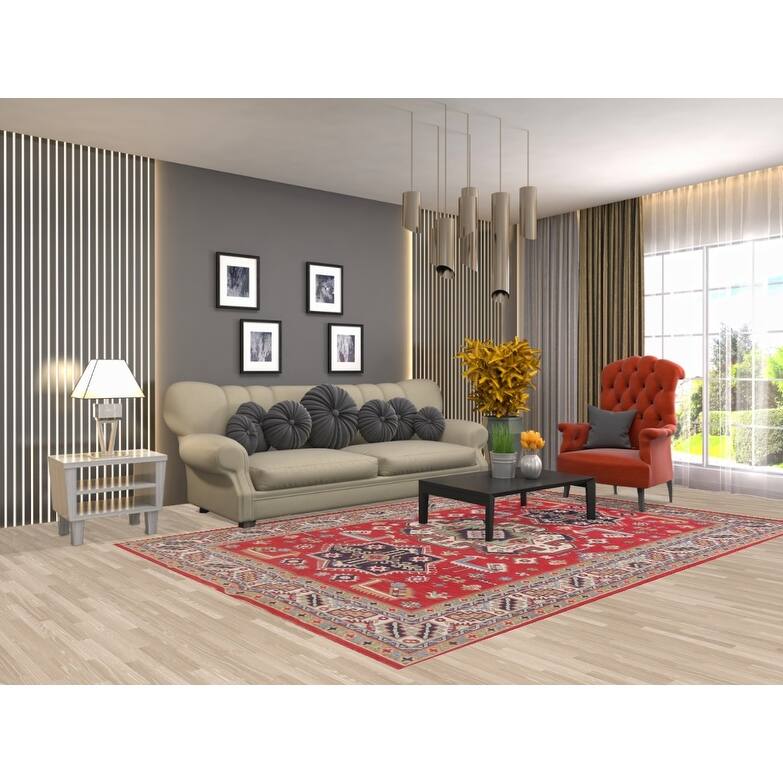 Hand Knotted Oriental 100% Wool Carpet Traditional Geometric Red Kazak Area Rug - 9' 6'' X 6' 4''