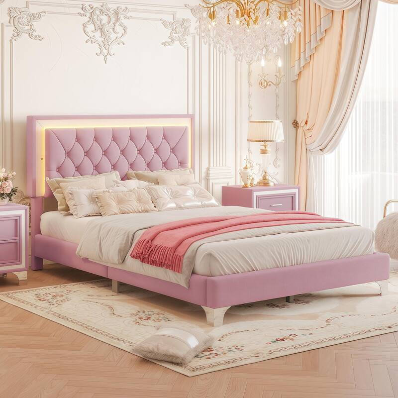 Full Size Upholstered Bed Frame with LED Lights,Modern Velvet Platform Bed with Tufted Headboard