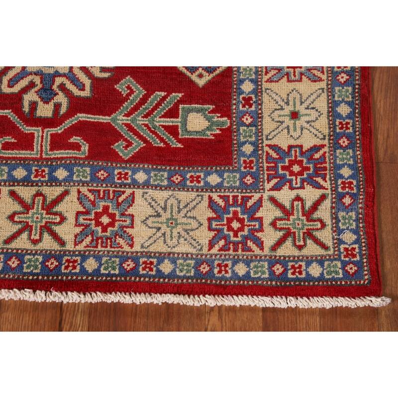 Geometric Kazak Rug Hand-Knotted Oriental Red Wool Carpet - 3'4"x 4'9"