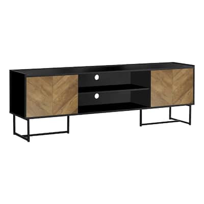 Modern 72-Inch TV Stand with Storage Cabinets, Wire Management, Brown & Black Laminate, Black Metal Frame