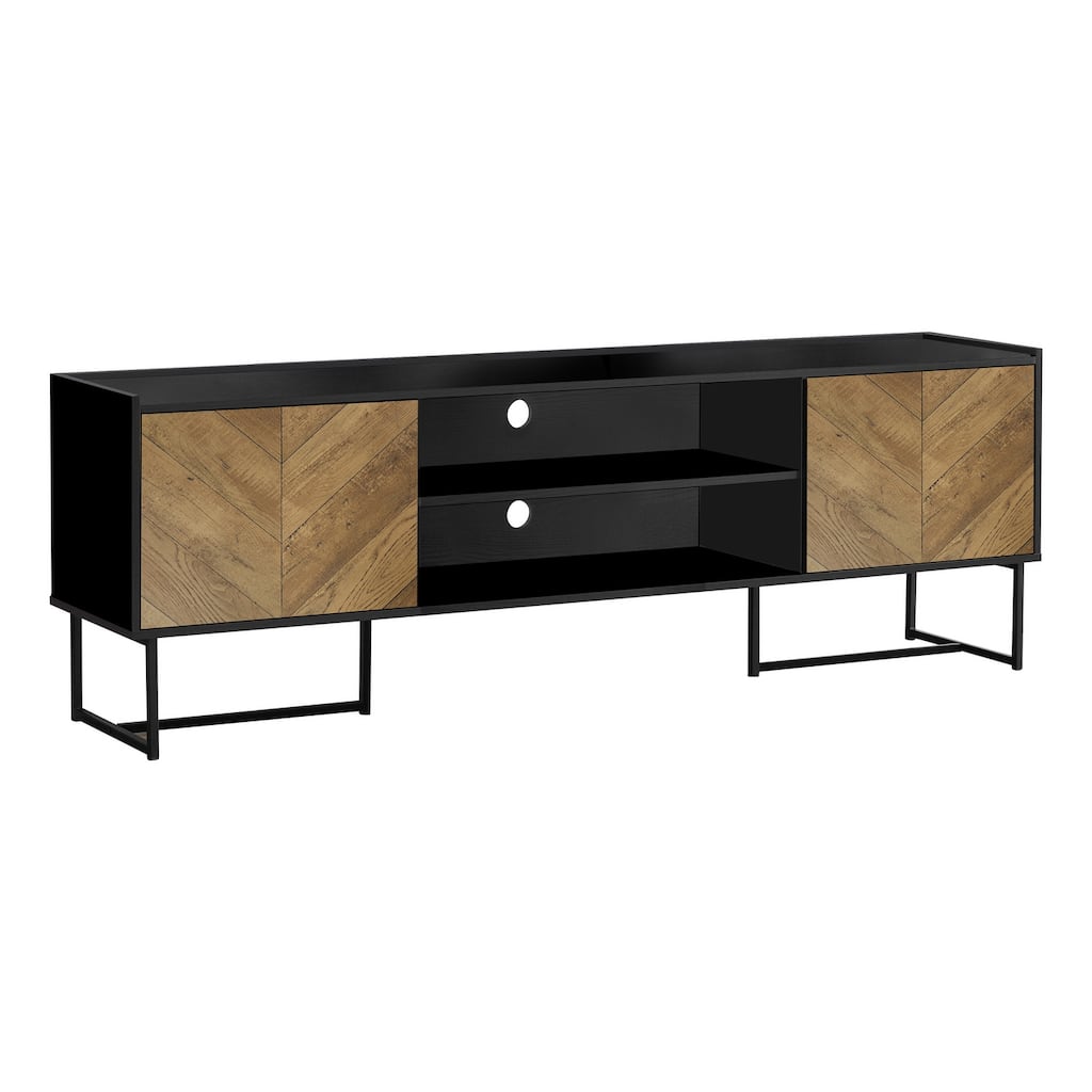 Modern 72-Inch TV Stand with Storage Cabinets, Wire Management, Brown & Black Laminate, Black Metal Frame