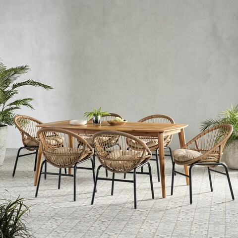 Marten Outdoor Outdoor Wicker and Acacia Wood 7 Piece Dining Set with Cushion by Christopher Knight Home