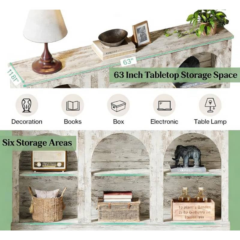 63" Rustic Arched Console Table with 3-Tier Open Shelving