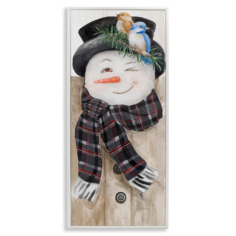 Stupell Snowman Wink Winter Birds Rustic Plaid Scarf Framed Wall Art - Multi-Color - 13 x 30 - White