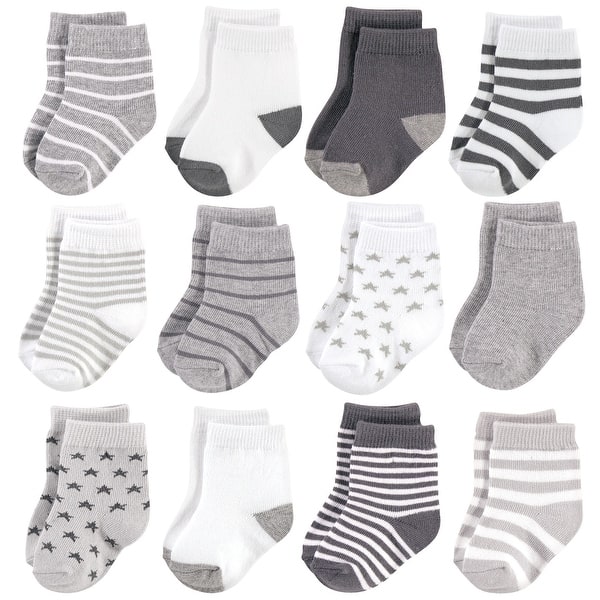 slide 1 of 1, Hudson Baby Infant Unisex Cotton Rich Newborn and Terry Socks, Gray White Star 0-6 Months - Gray White Star