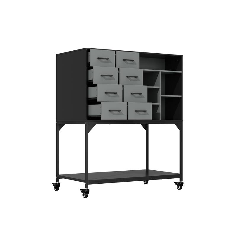 Industrial Metal Storage Cabinet with Pegboard, Adjustable Shelves and Wheels, Garage Tool Organizer with Soft-Close Doors
