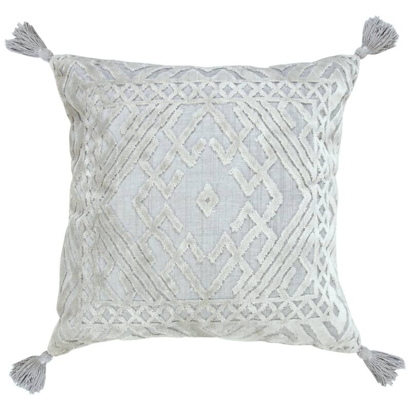 18" Gray And Silver Geometric Viscose Throw Pillow Cover with Tassels