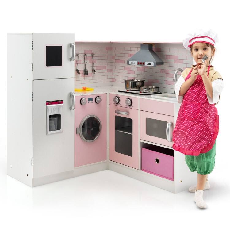 Corner Play Kitchen Wooden Toy Set with Sound and Light - 33.5" x 33" x 33.5"(L x W x H)