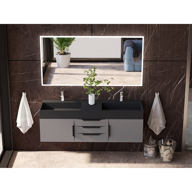 Amazon 60" Wall Mounted Bathroom Vanity Set w/ Black Top