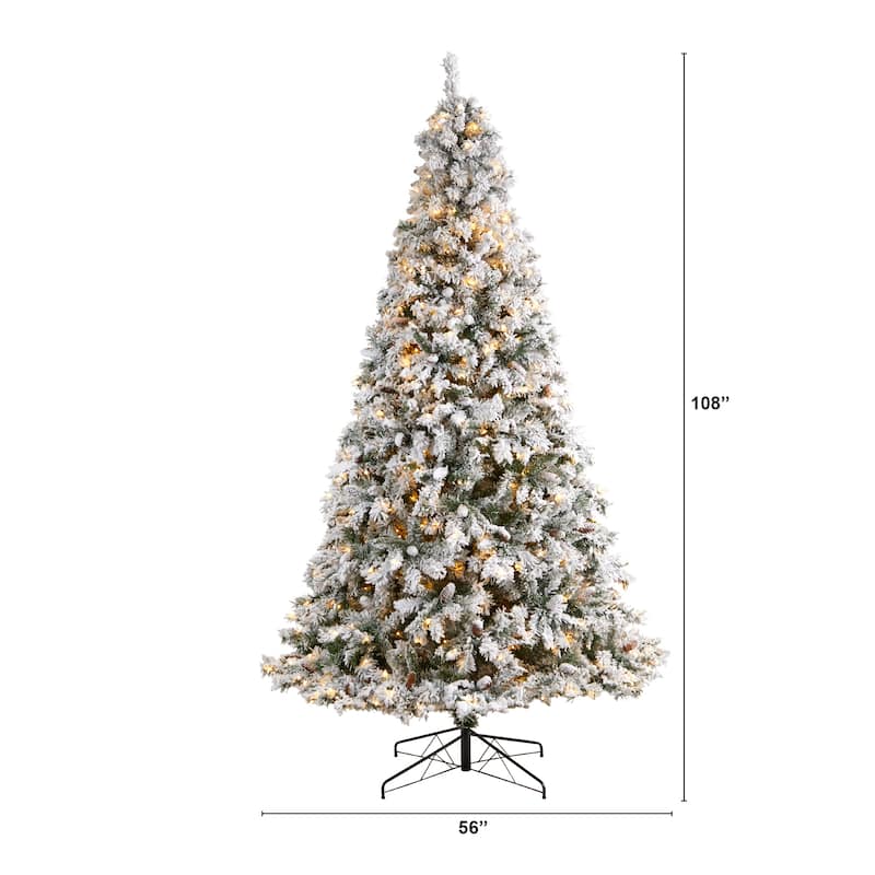 9' Pre-Lit Flocked White River Mountain Artificial Christmas Tree, Clear LED Lights - 9 Foot