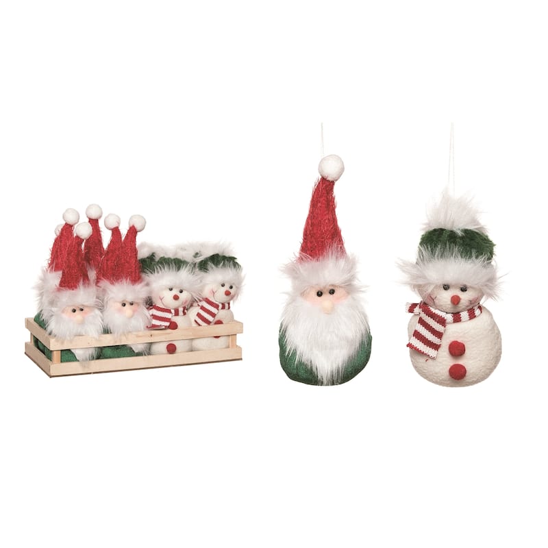 Transpac Polyester 9.75 in. Multicolor Christmas Plush Alpine Santa and Snowman Ornaments In Crate Set of 12
