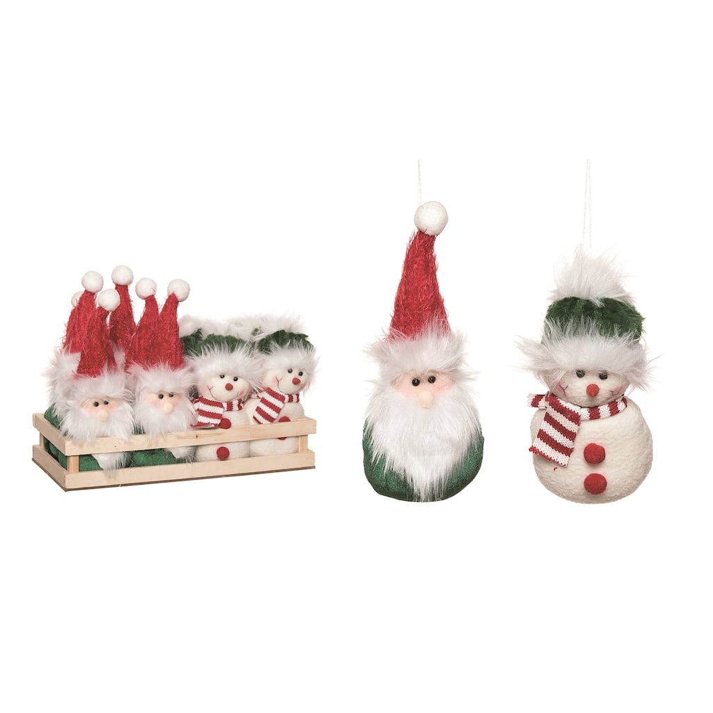 Transpac Polyester 9.75 in. Multicolor Christmas Plush Alpine Santa and Snowman Ornaments In Crate Set of 12