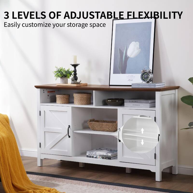 Homy Casa Farmhouse Sideboard Buffet Cabinet, Hinged Barn Doors, White 58''