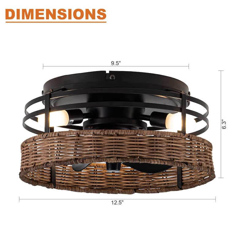Farmhouse Black 3-Blade Drum Flush Mount Ceiling Fan with Remote and Light - 12.5-in W