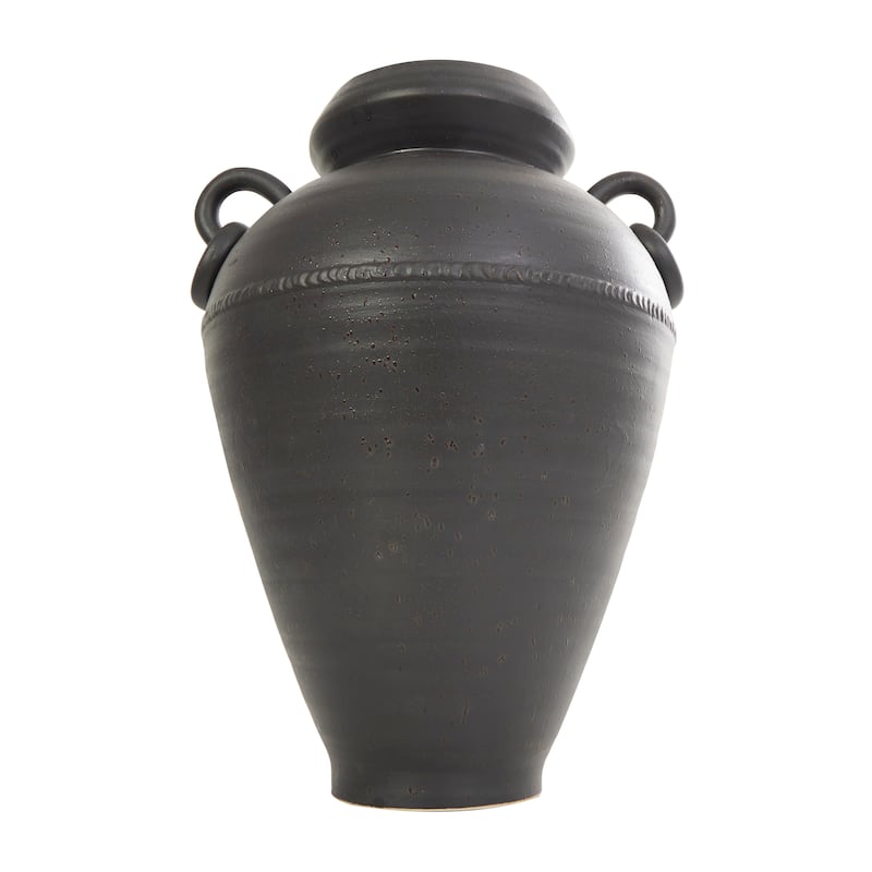 Black Ceramic Amphora Vase with Speckled Texture and Ring Handles
