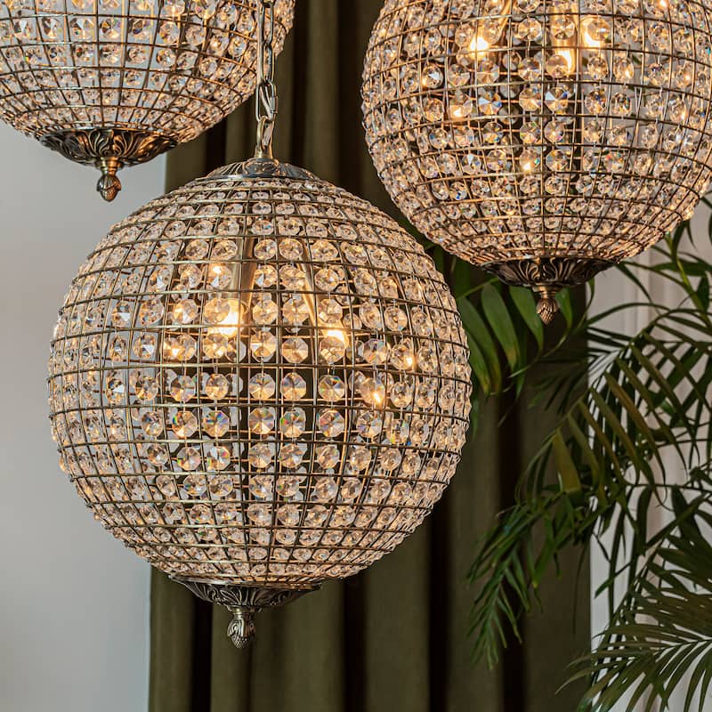 DancyHome 1/3-Light Retro Antique Bronze Crystal Globe Chandelier Small Sphere Pendant Light