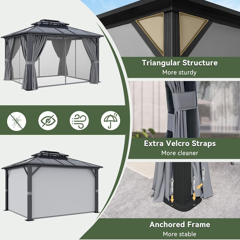 Hardtop Gazebo, Aluminum Frame Permanent Pavilion with Curtains and Netting