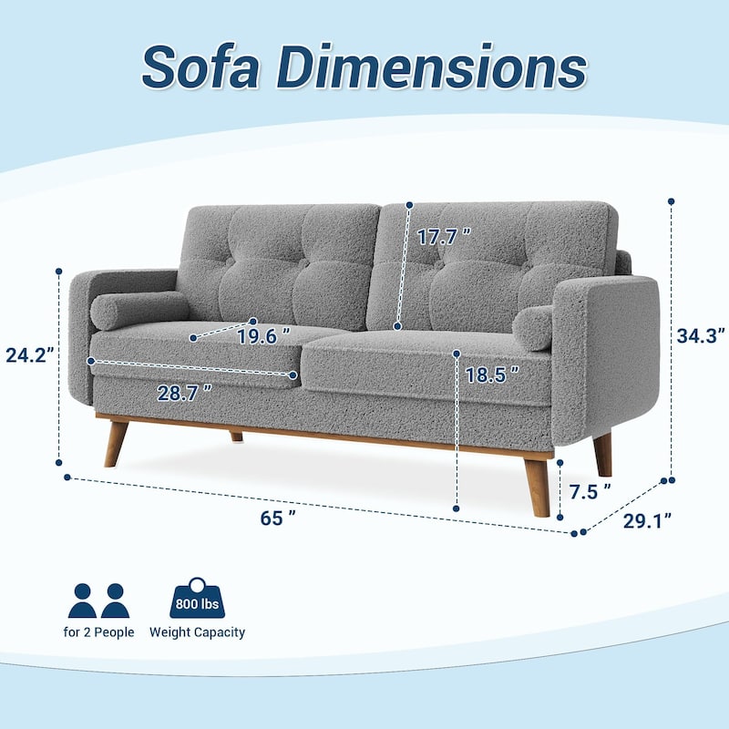 65" Loveseat Sofa, Mid Century Modern Couch Comfy Love Seat Couches for Living Room